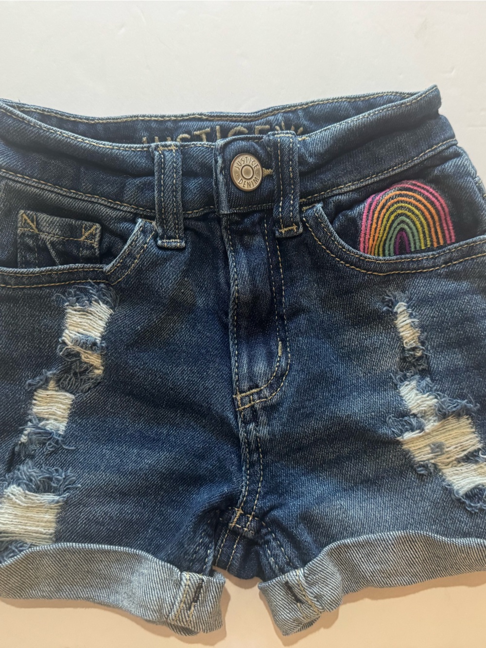 Justice Dark Blue Denim Shorts with Rainbow Pocket Embroidery